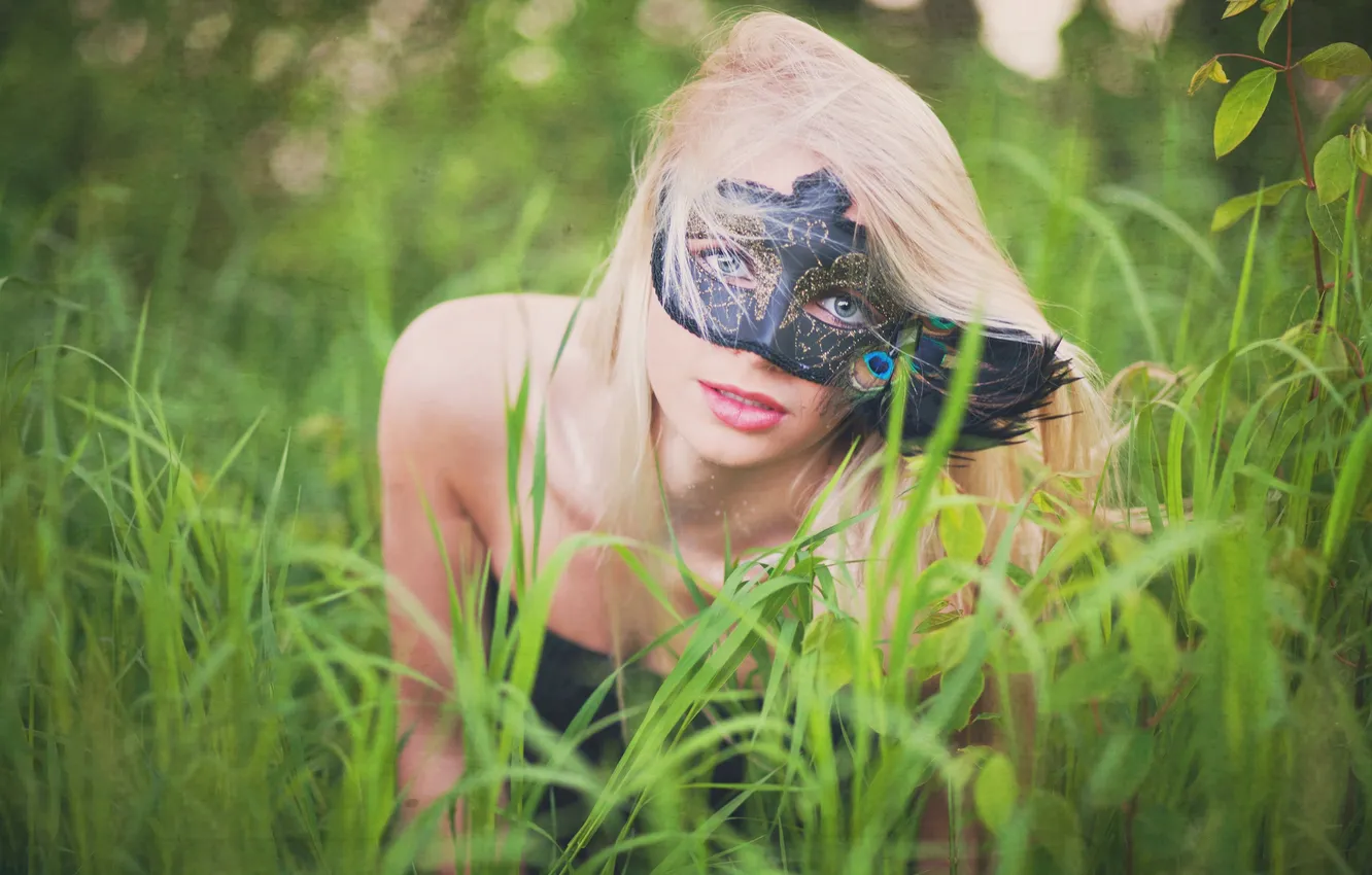 Photo wallpaper summer, grass, girl, mask, blonde
