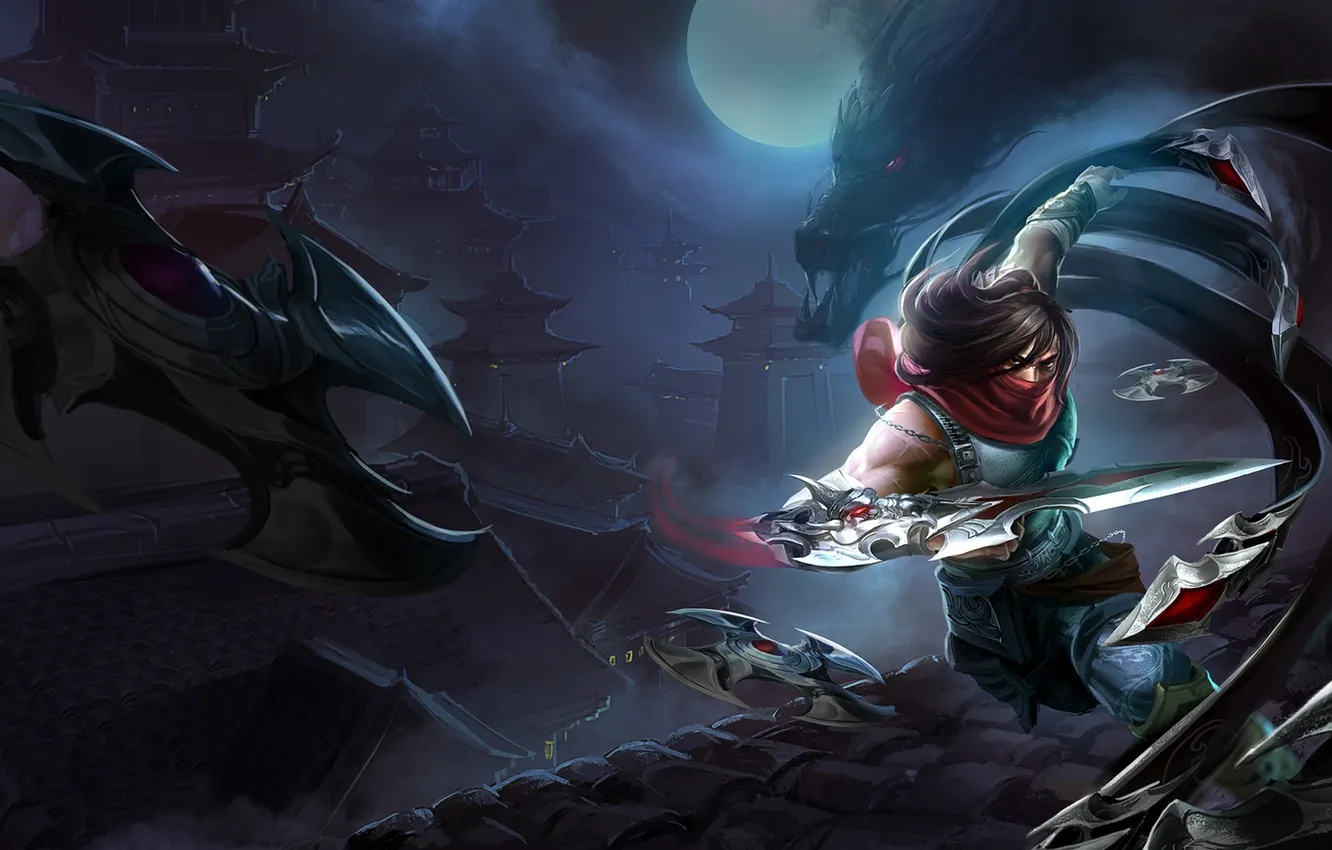 Photo wallpaper dragon, League of Legends, ninja, buildings, Talon