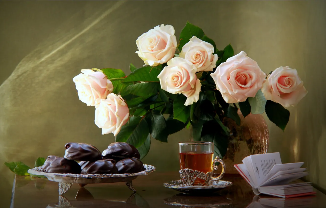 Photo wallpaper tea, roses, bouquet, cookies, book, still life