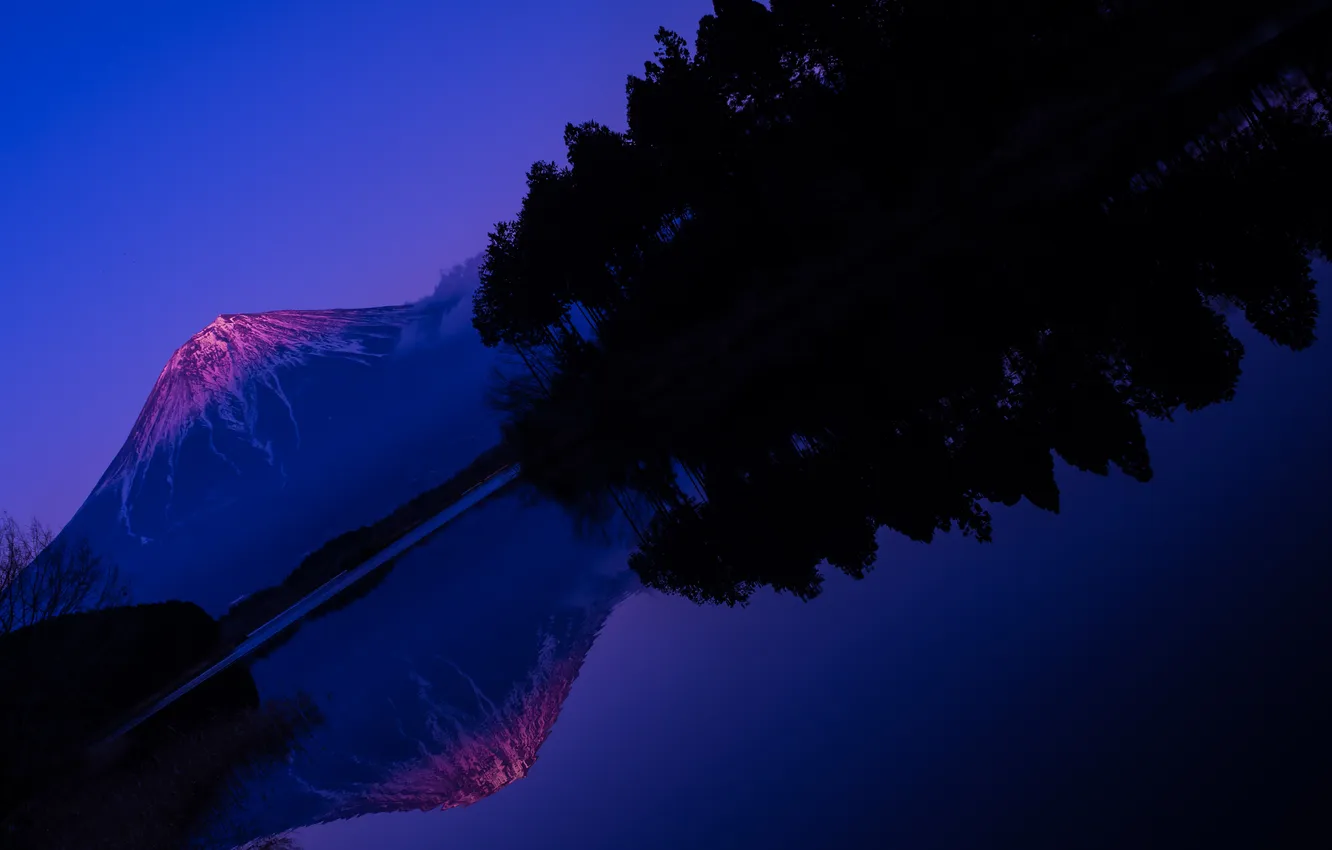 Photo wallpaper trees, mountains, nature, lake, the volcano, Japan, Japan, Fuji