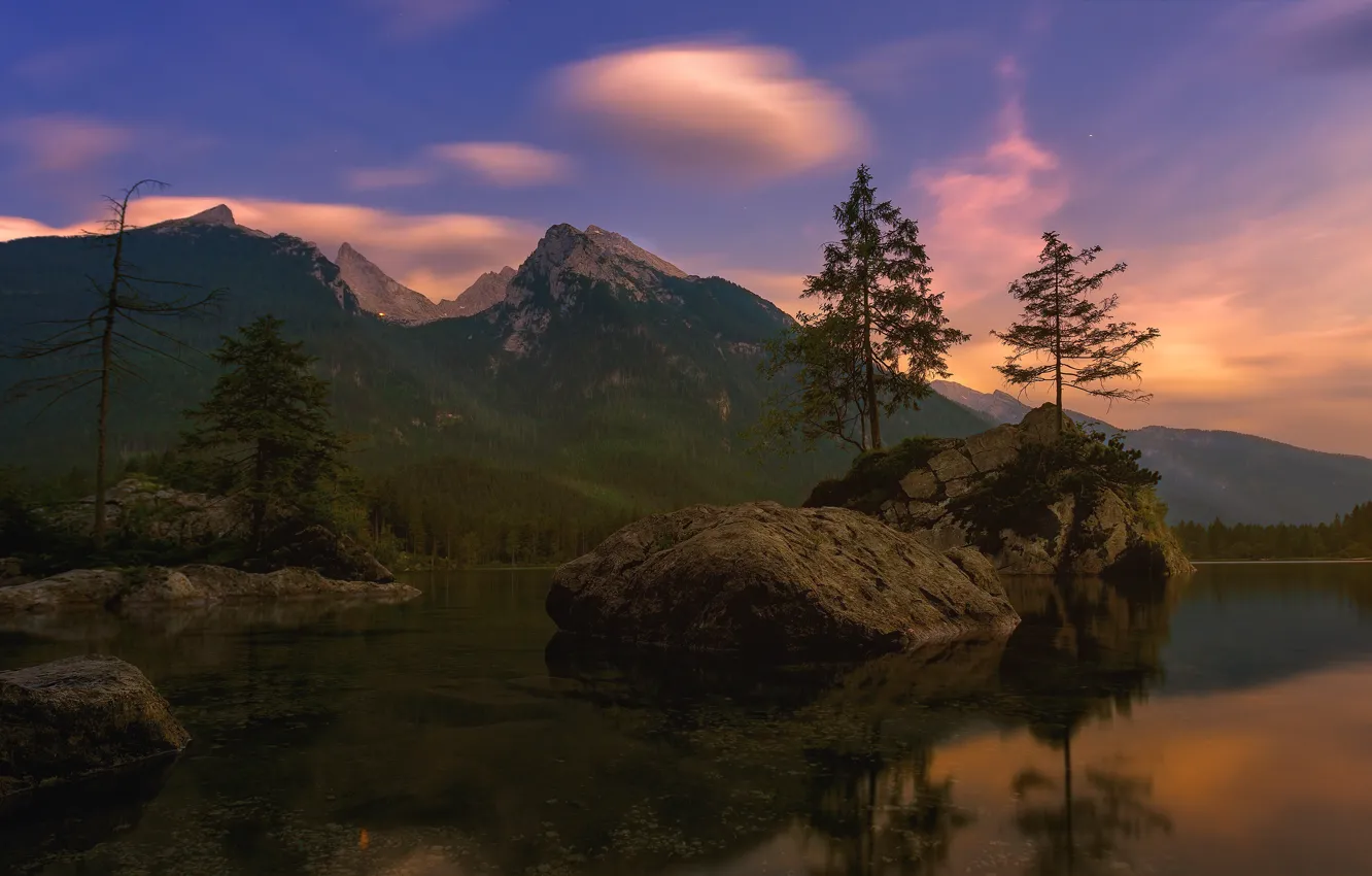 Photo wallpaper reflection, mountains, island, rocks, forest, the sky, stones, Alps