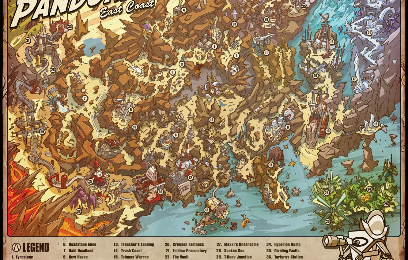 Photo wallpaper map, Borderlands, detailed, East Coast, Pandoras