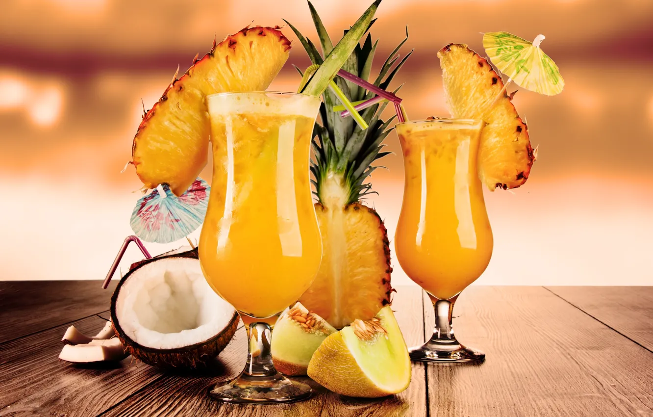 Photo wallpaper glass, coconut, cocktail, fruit, pineapple, tube, melon, cocktails