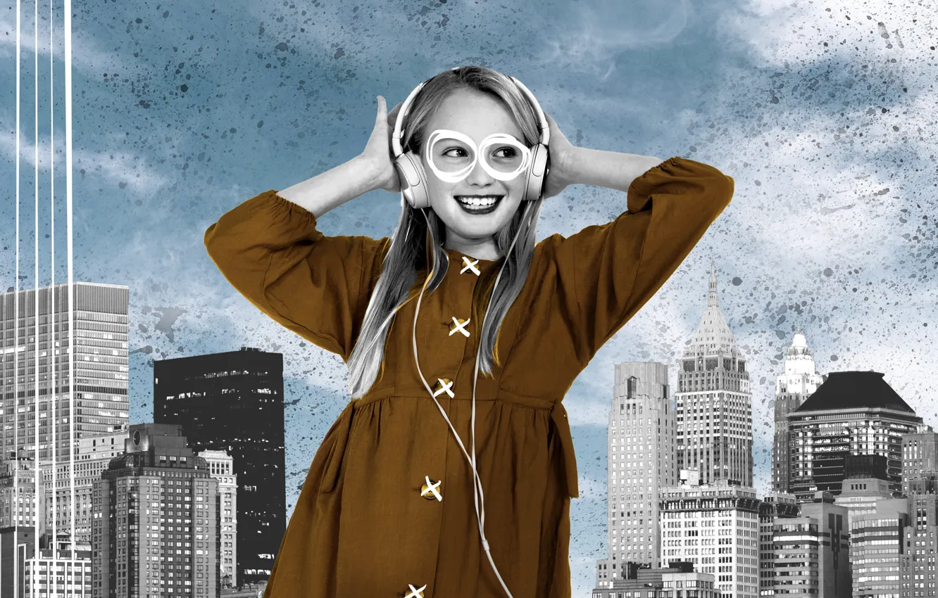 Photo wallpaper girl, smile, hair, skyscrapers, headphones, Photomontage