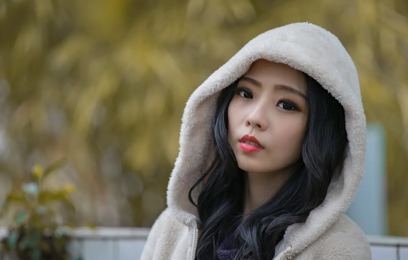 Photo wallpaper look, girl, hair, hood, cutie