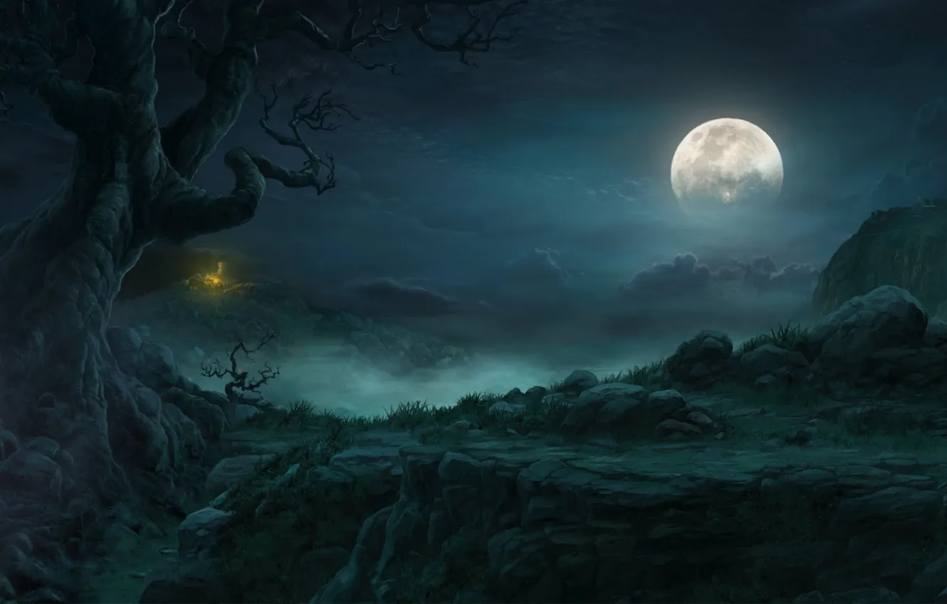Photo wallpaper clouds, landscape, night, tree, rocks, the moon, hut, diablo 3