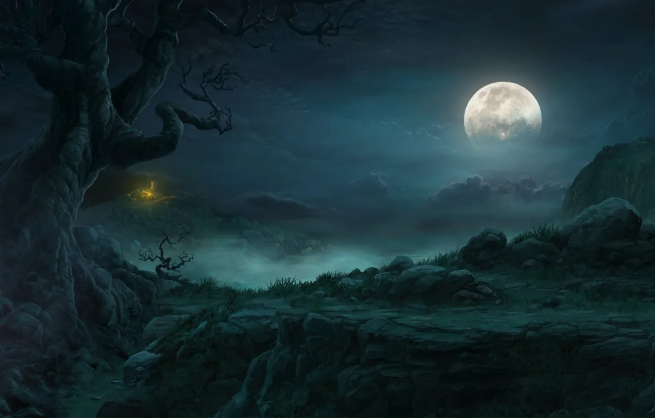 Photo wallpaper clouds, trees, landscape, night, rocks, the moon, hut, Diablo 3