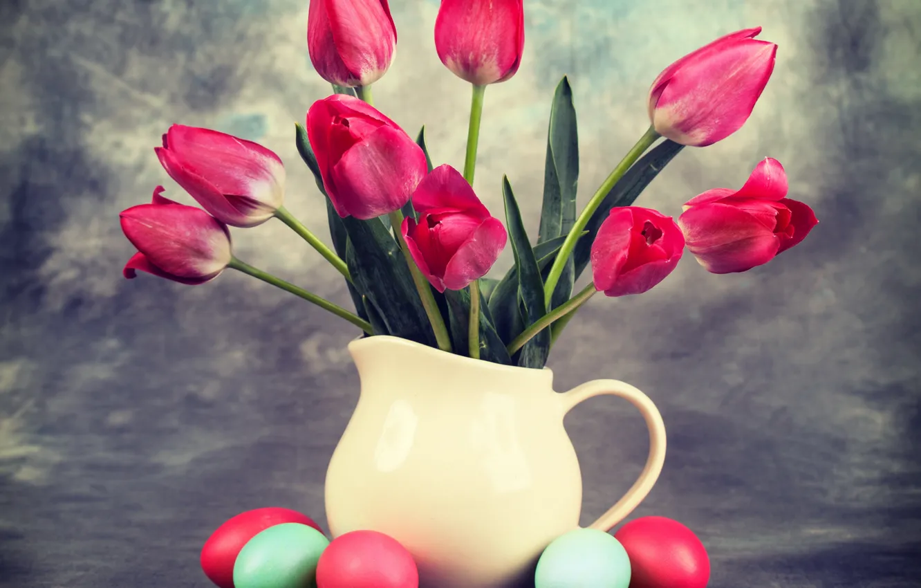 Photo wallpaper eggs, Easter, tulips, tulips, Easter, eggs, vase, bouquet