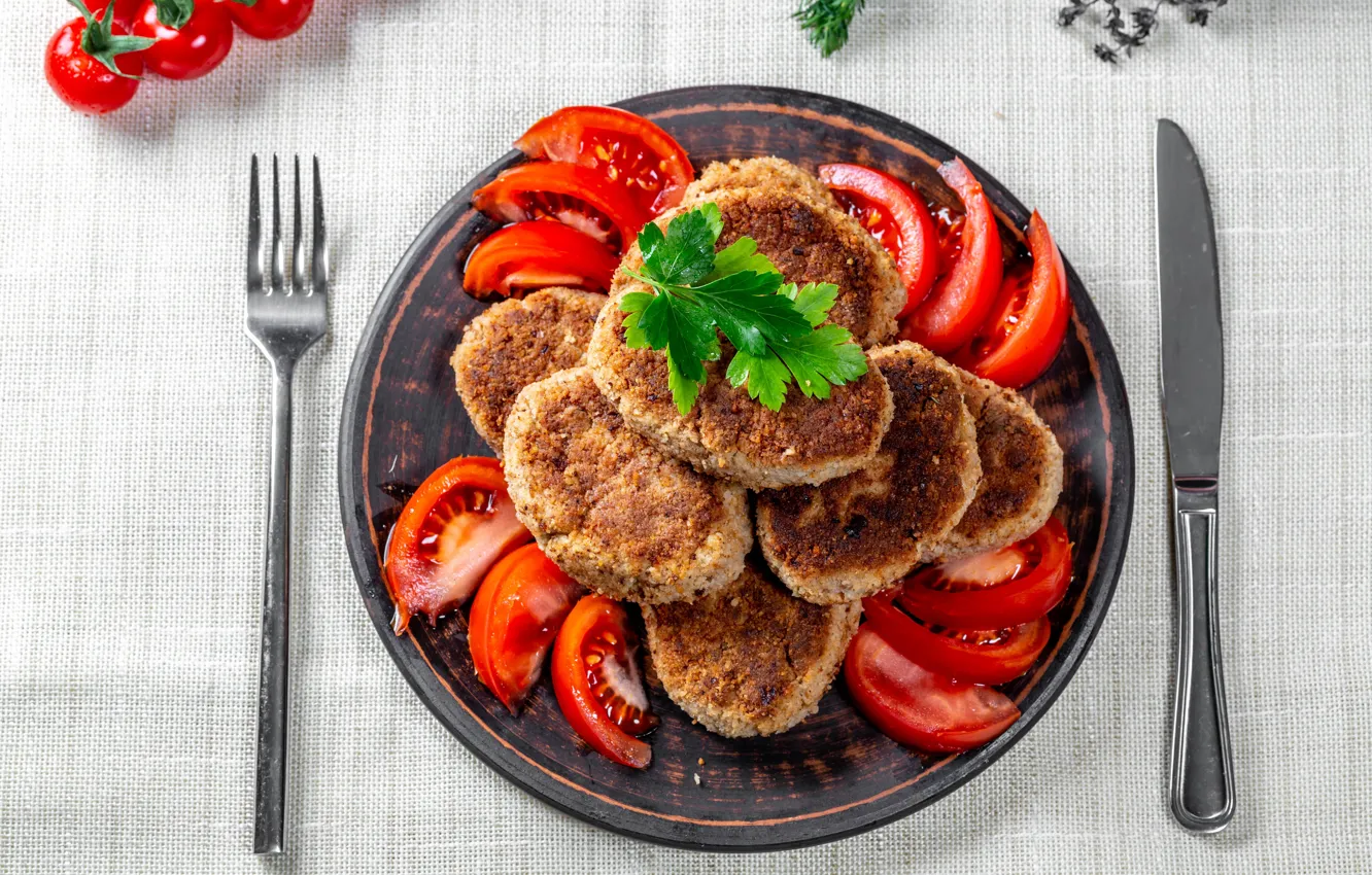Photo wallpaper table, food, plate, knife, meat, plug, tomatoes, Patty