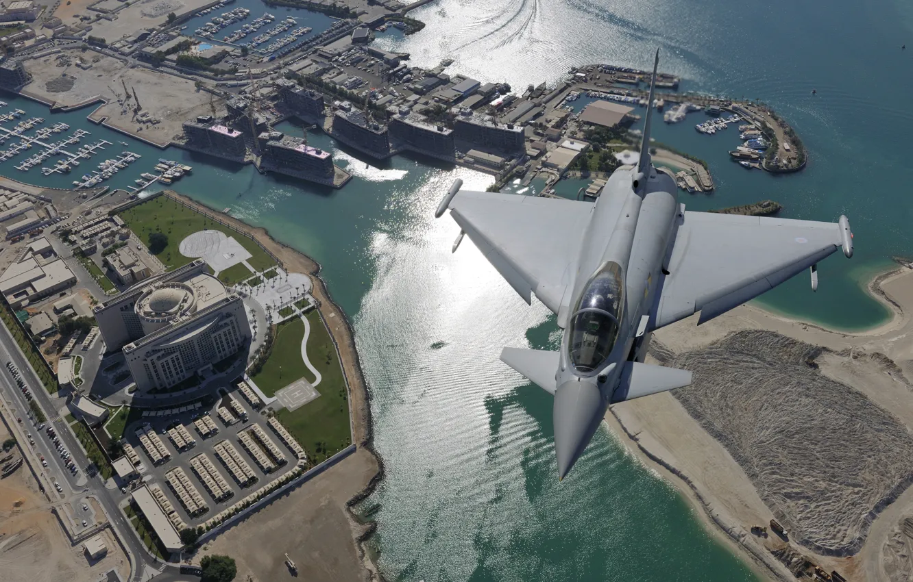 Photo wallpaper flight, the city, fighter, Dubai, generation, multipurpose, Eurofighter Typhoon, fourth