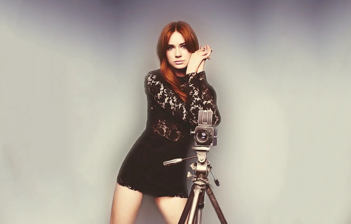Photo wallpaper girl, camera, beautiful, pretty, redhead