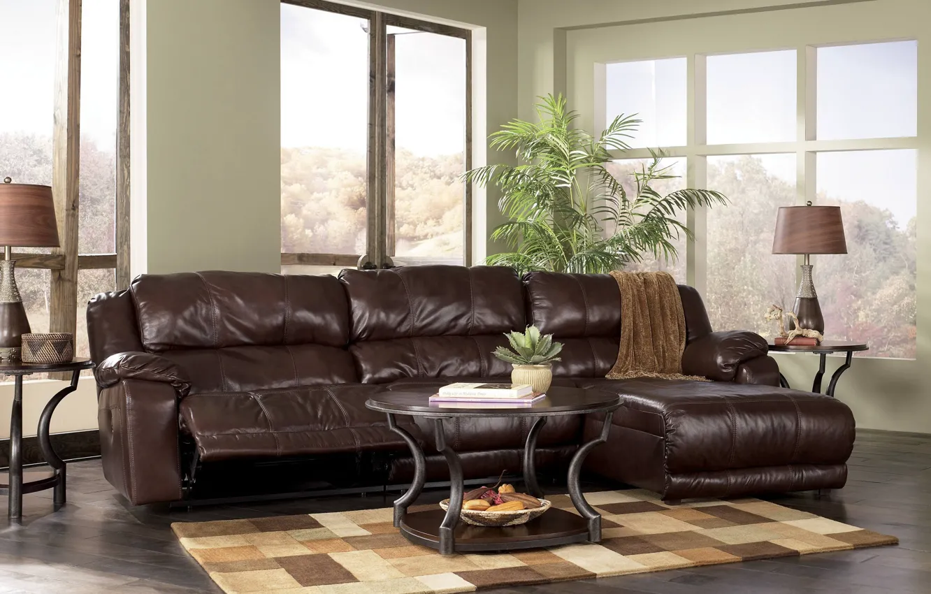 Photo wallpaper living room, glamorous, dark leather couch