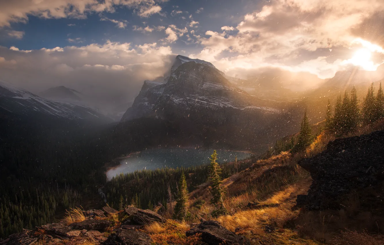 Photo wallpaper autumn, forest, the sun, snow, mountains, lake, snowfall