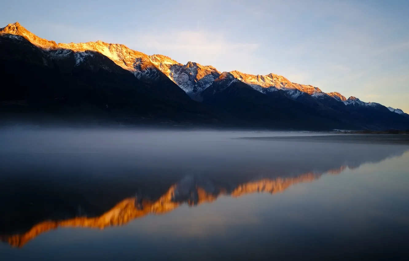 Photo wallpaper mountains, fog, lake, reflection, morning