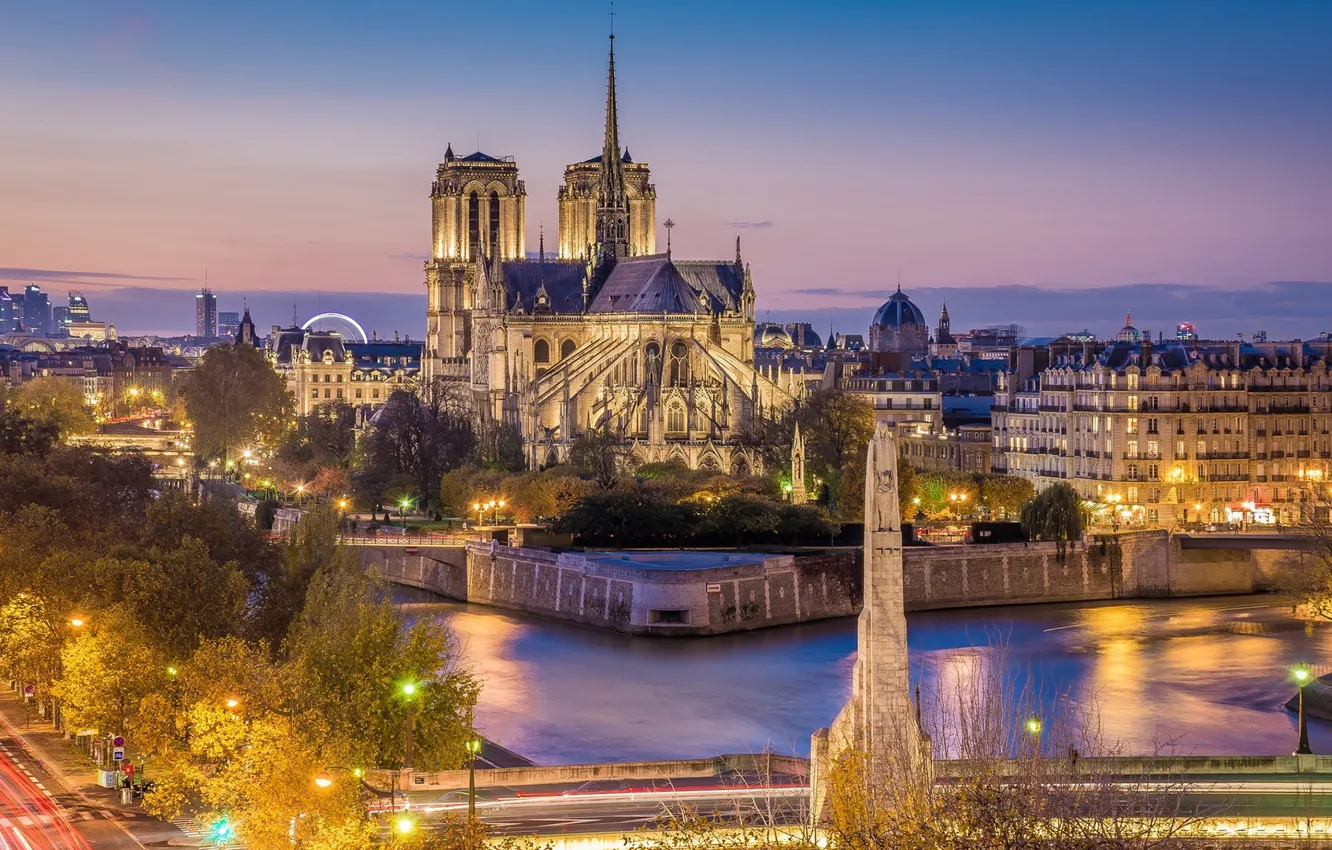 Photo wallpaper trees, night, lights, river, France, Paris, home, excerpt