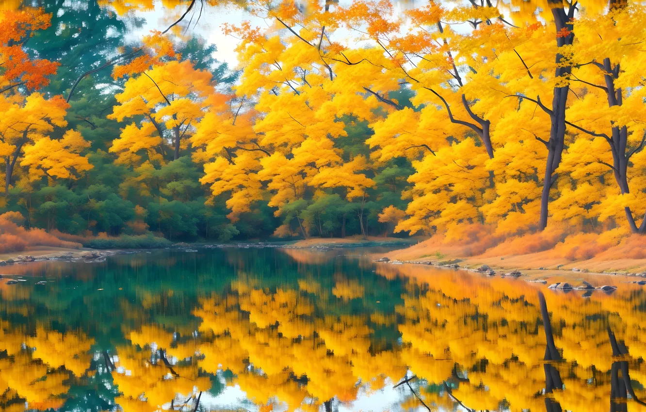 Photo wallpaper autumn, forest, trees, lake, reflection, shore, foliage, pond