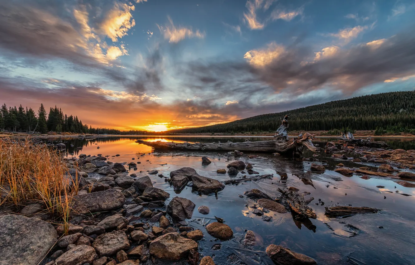 Photo wallpaper sunset, lake, stones, USA, Brainard Lake
