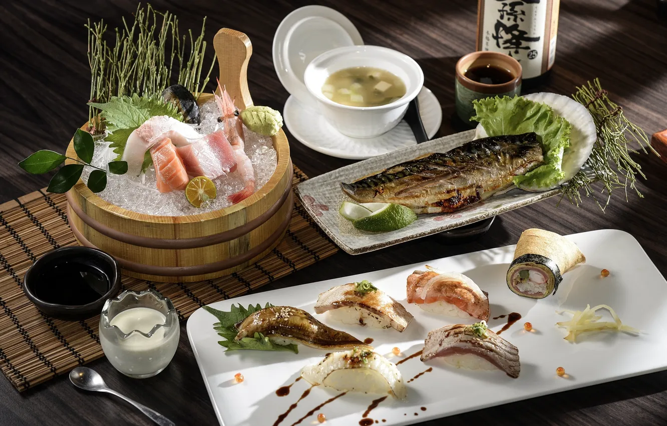 Photo wallpaper fish, soup, sushi, seafood, cuts