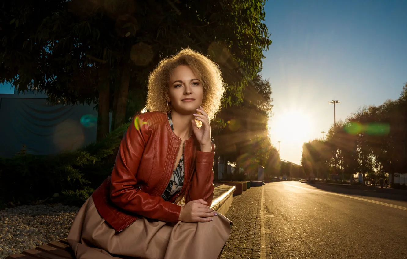 Photo wallpaper road, girl, the sun, trees, skirt, jacket, blonde, kozhanka