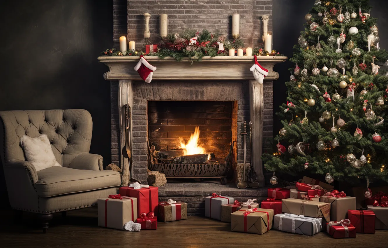 Photo wallpaper decoration, room, gift, balls, tree, new year, interior, chair