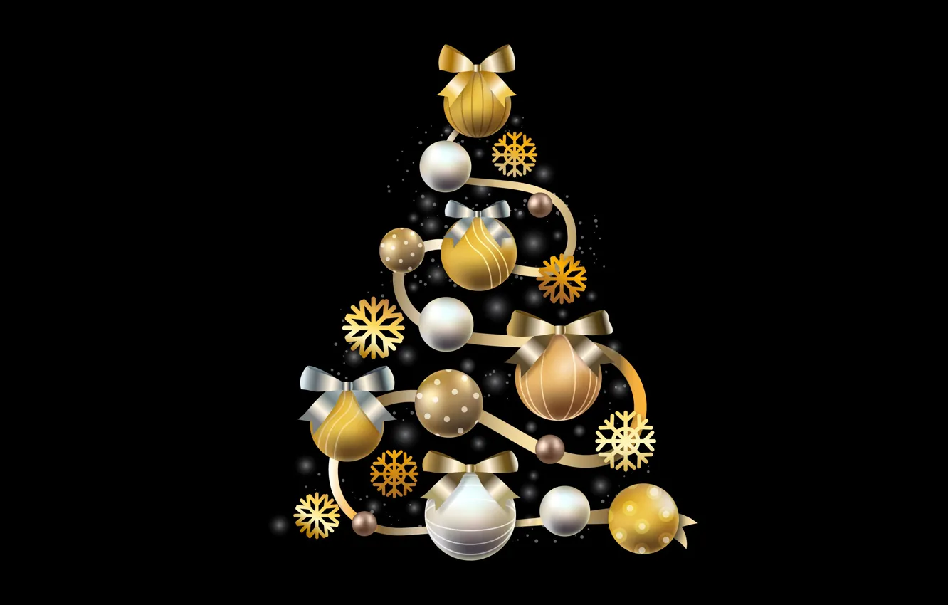 Photo wallpaper decoration, gold, tree, Christmas, New year, golden, christmas, black background