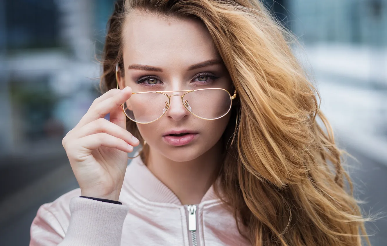 Photo wallpaper girl, portrait, makeup, glasses, jacket, hairstyle, cute, Vincent Chassin