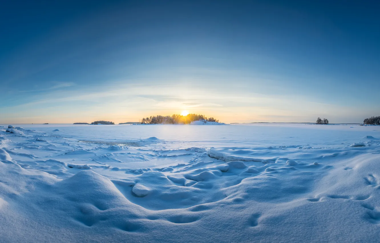 Photo wallpaper winter, field, the sun, clouds, light, snow, sunset, nature