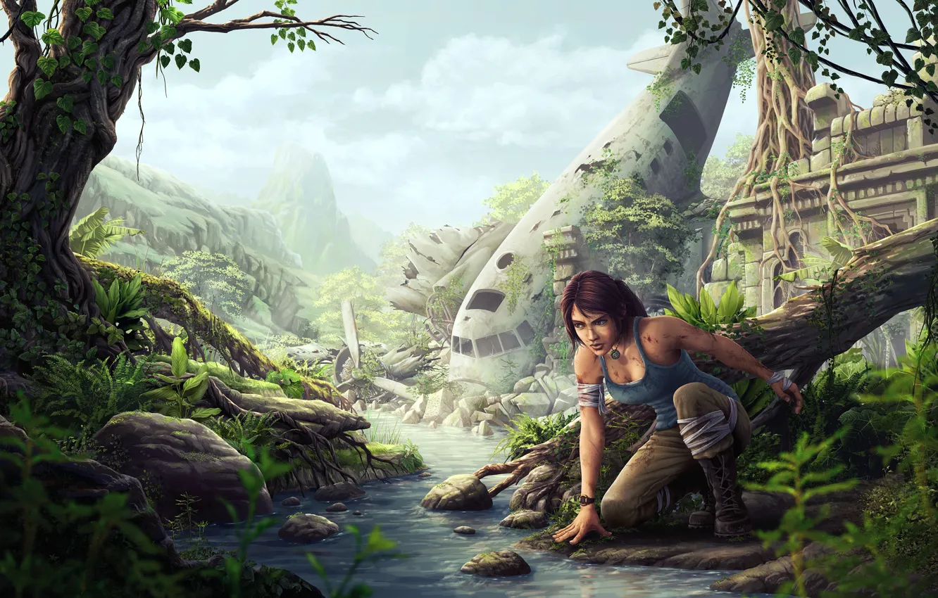 Photo wallpaper girl, stream, jungle, the skeleton, art, Tomb Raider, ruins, river