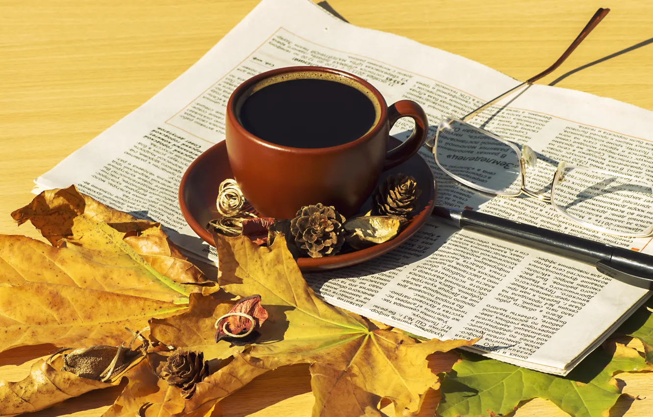 Photo wallpaper autumn, leaves, coffee, scarf, Cup, hot, autumn, leaves