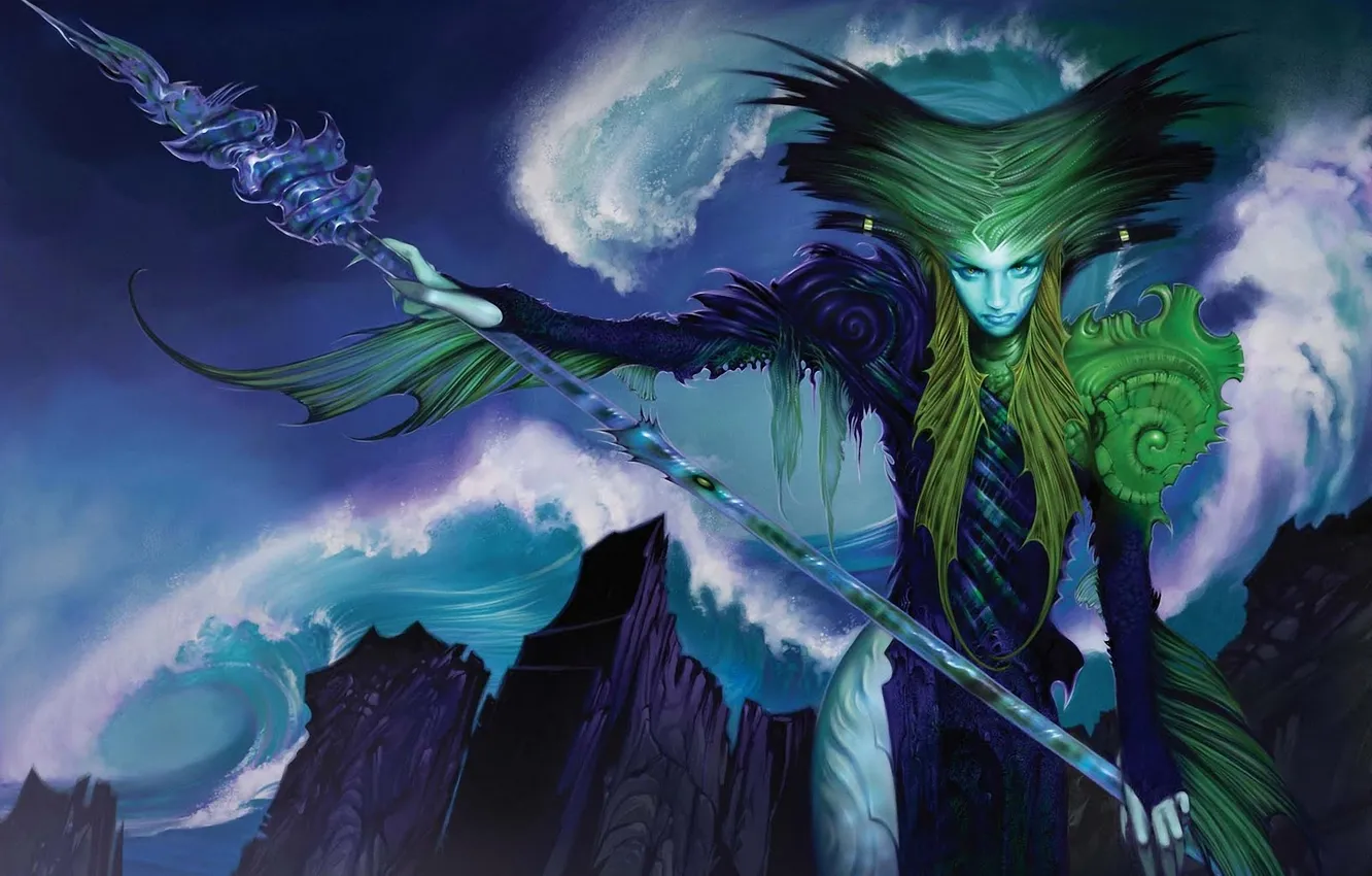 Photo wallpaper sea, wave, girl, rocks, art, spear, Allen Williams