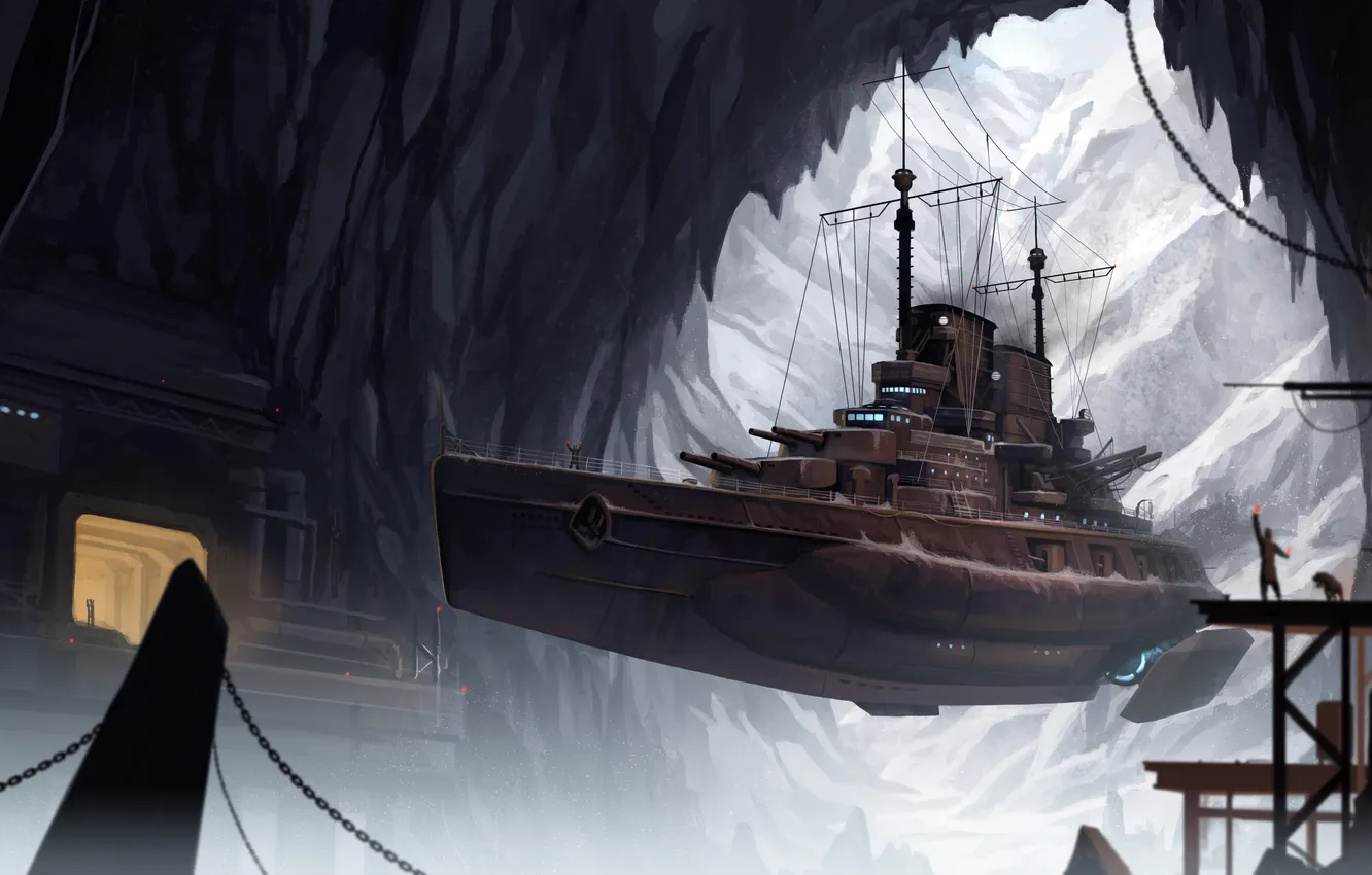 Photo wallpaper mountains, fiction, rocks, ship, art, cave, Okita
