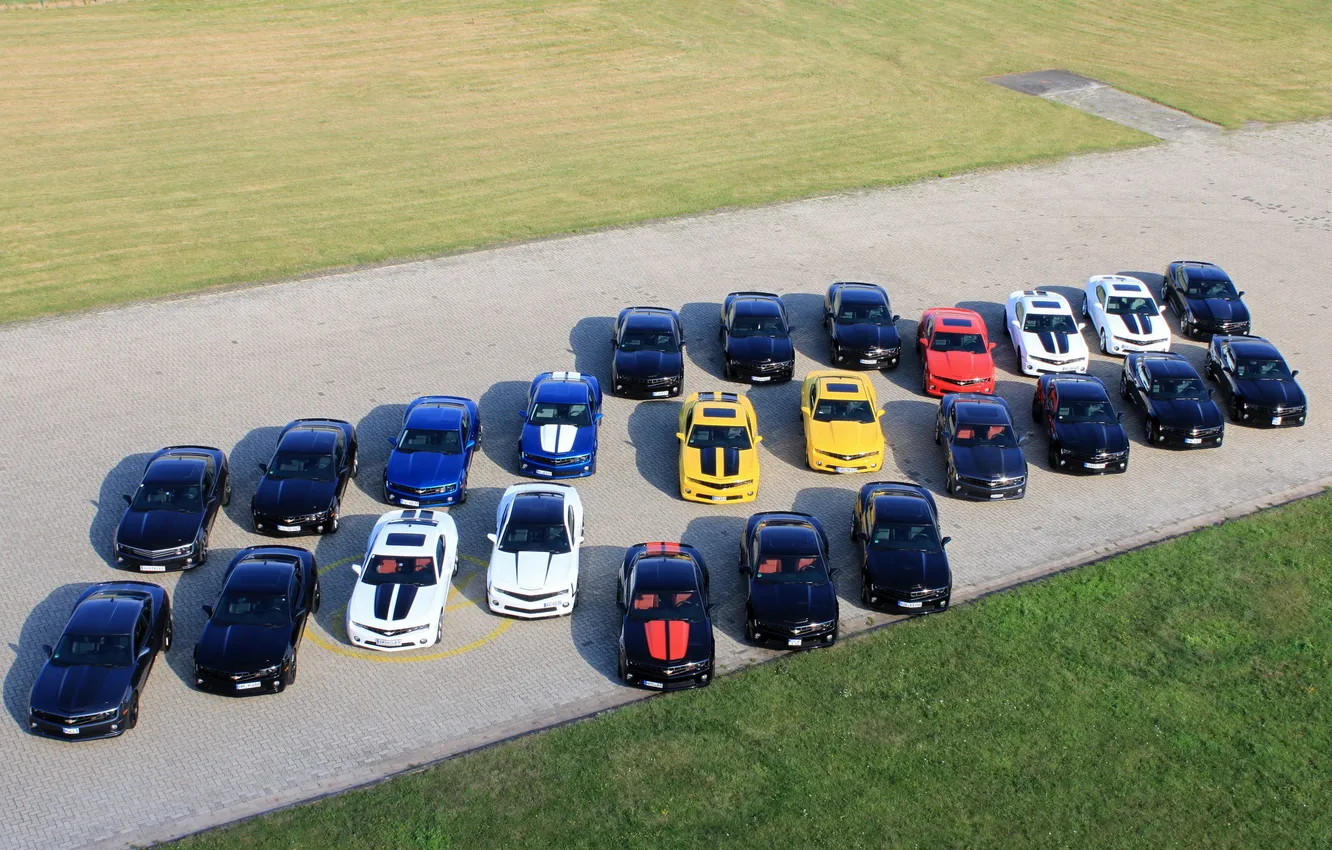 Photo wallpaper camaro, chevrolet, emblem, a lot of cars, 24 pieces