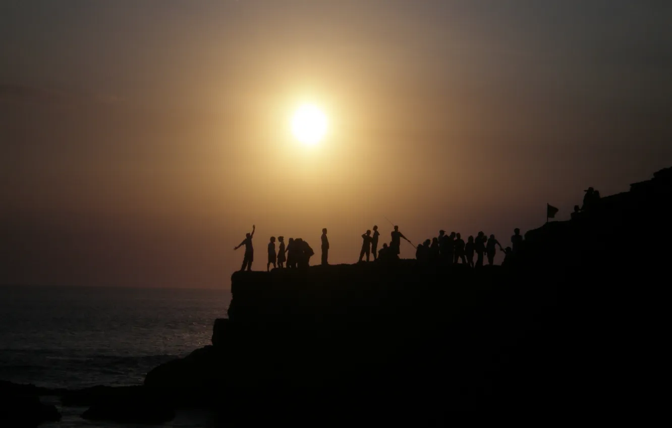 Photo wallpaper sea, sunset, people, silhouettes