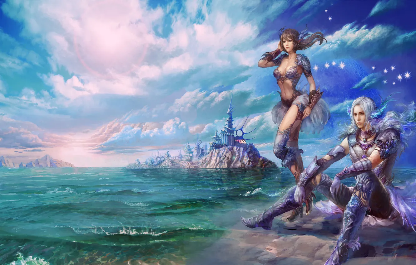 Photo wallpaper sea, the sky, girl, clouds, mountains, castle, armor, warrior