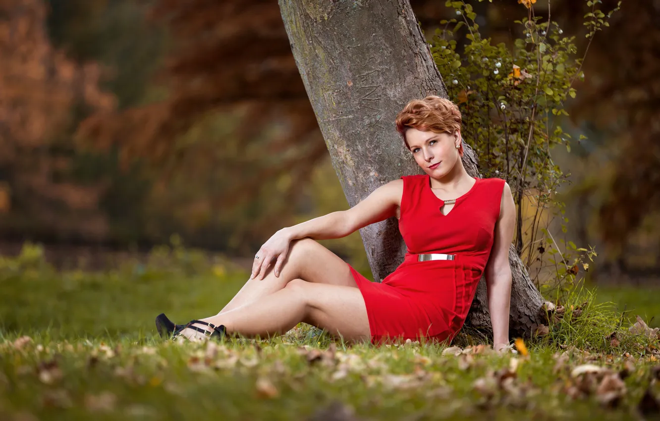 Photo wallpaper grass, leaves, trees, feet, woman, red dress, direct look