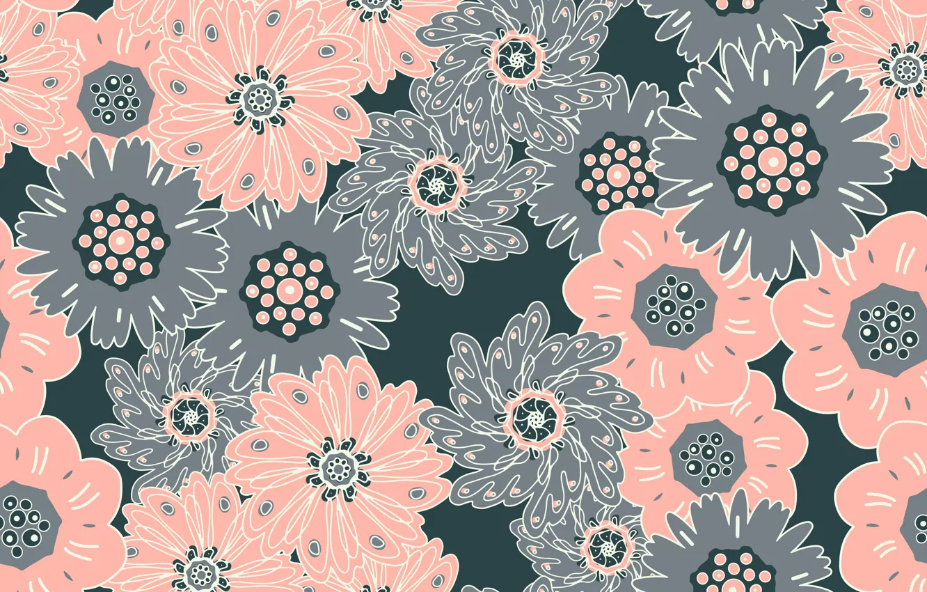 Photo wallpaper flowers, grey, background, pattern, seamless