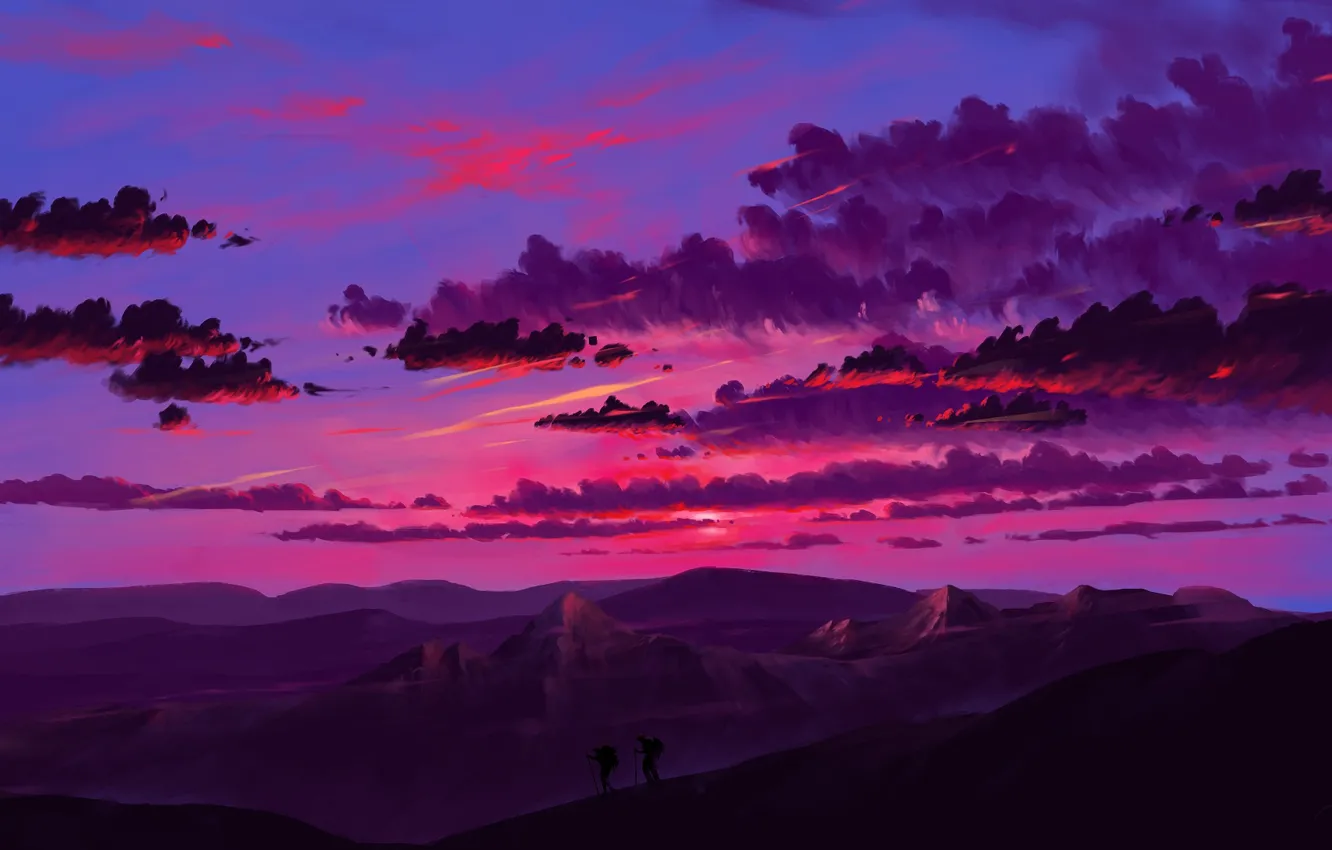 Photo wallpaper twilight, sky, landscape, sunset, art, mountains, clouds, artist