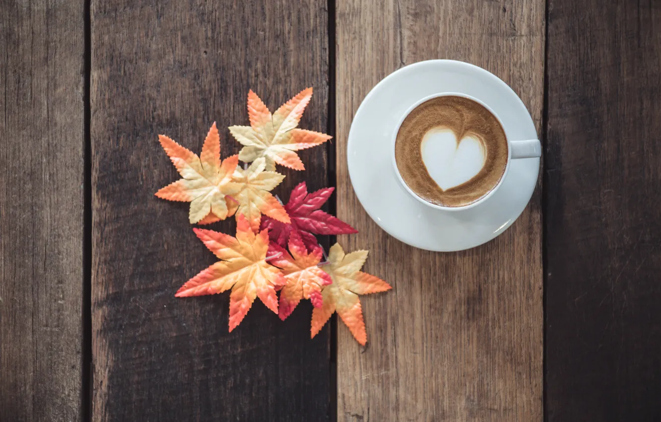 Photo wallpaper autumn, leaves, love, heart, coffee, Cup, love, heart