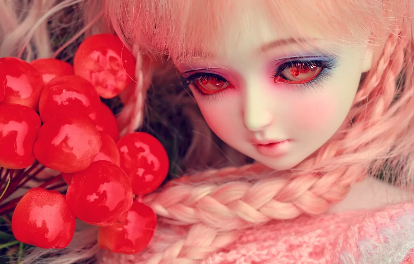 Photo wallpaper eyes, berries, toy, doll, braids