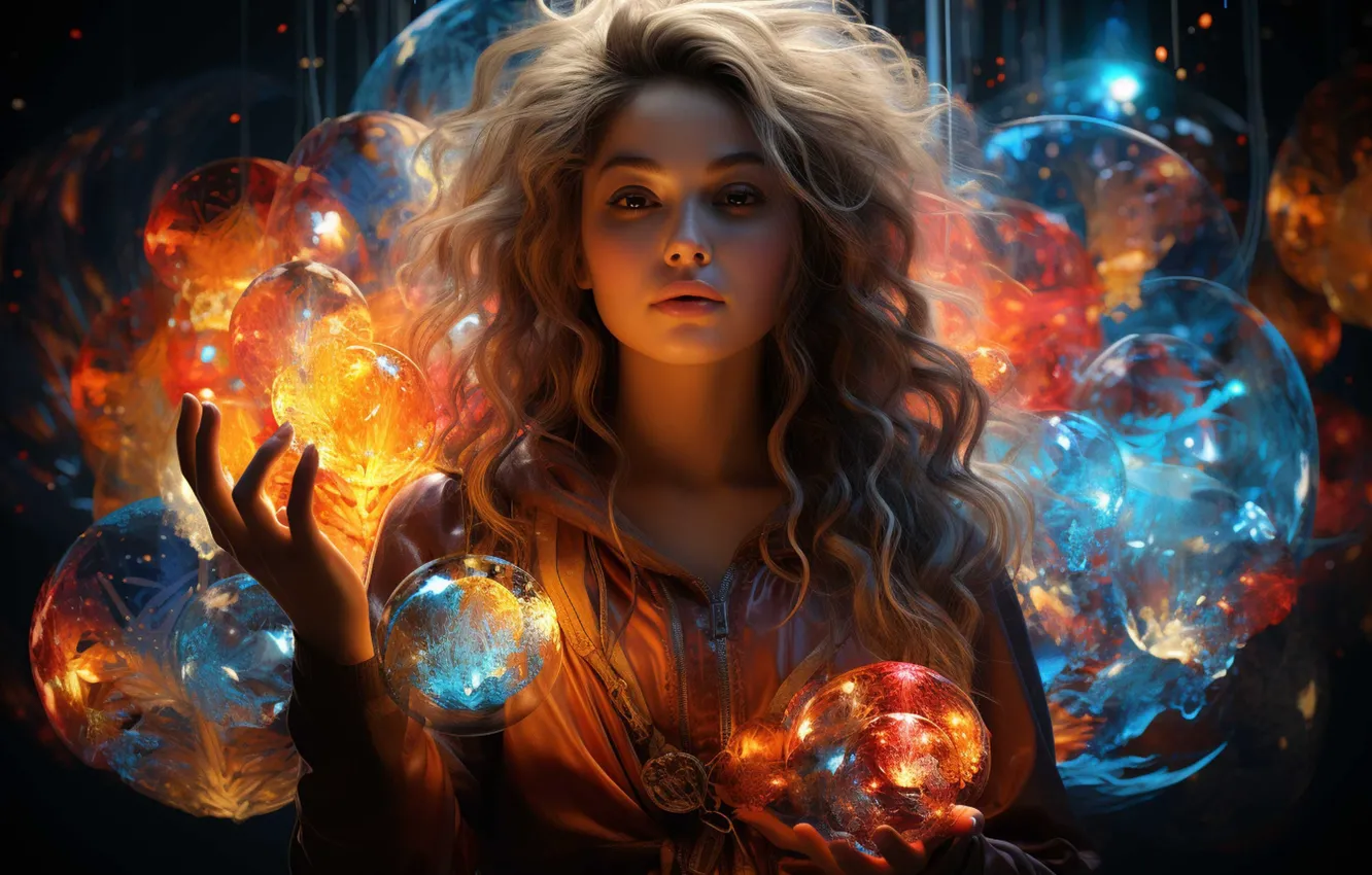 Photo wallpaper girl, light, bubbles, balls, magic, portrait, hands, curls