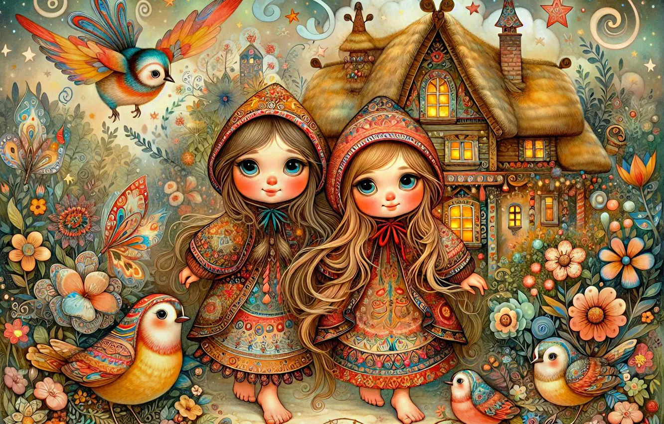 Photo wallpaper clouds, flowers, birds, pattern, girls, styling, garden, outfit