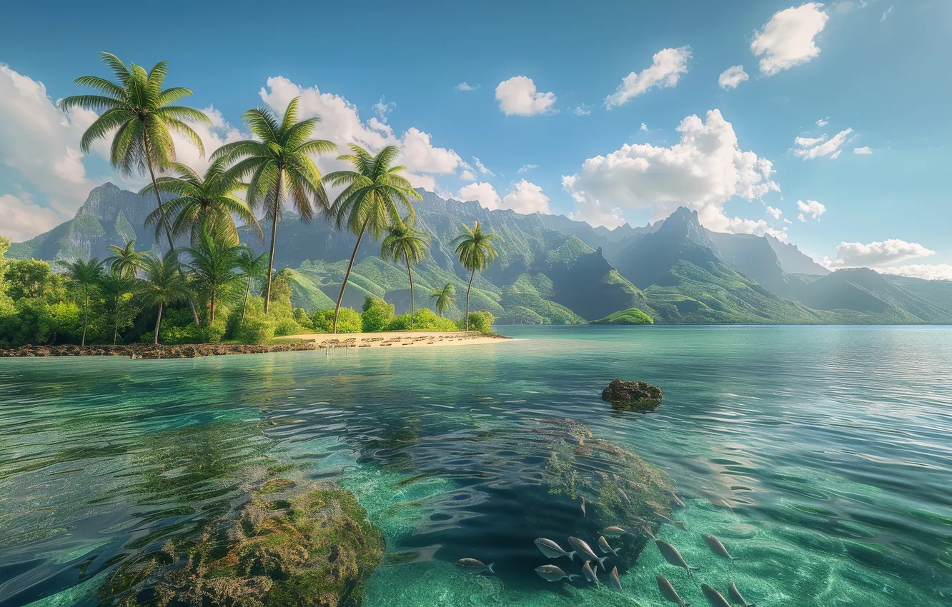 Photo wallpaper sea, beach, the sky, clouds, mountains, tropics, blue, stones