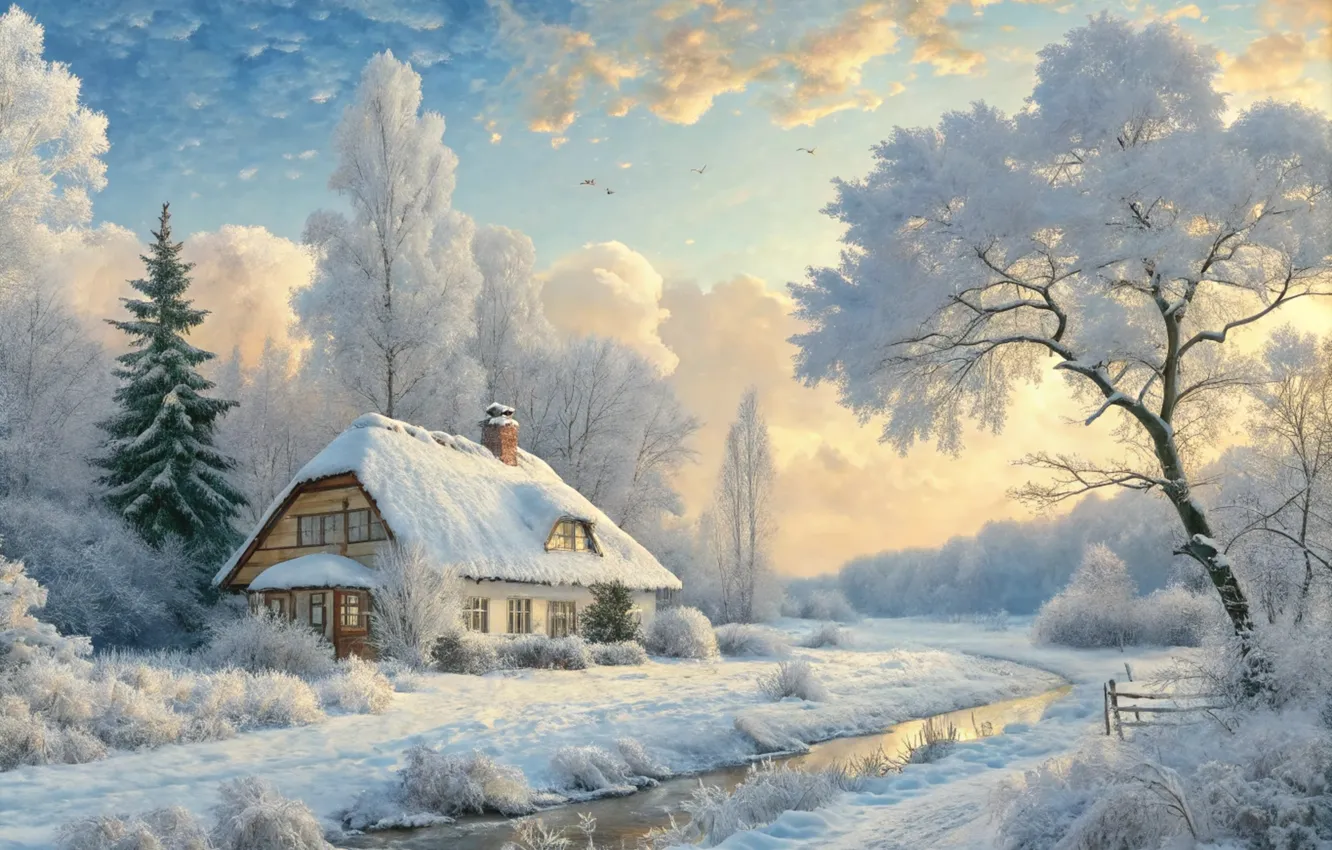 Photo wallpaper winter, frost, snow, trees, river, house, AI art, neural network
