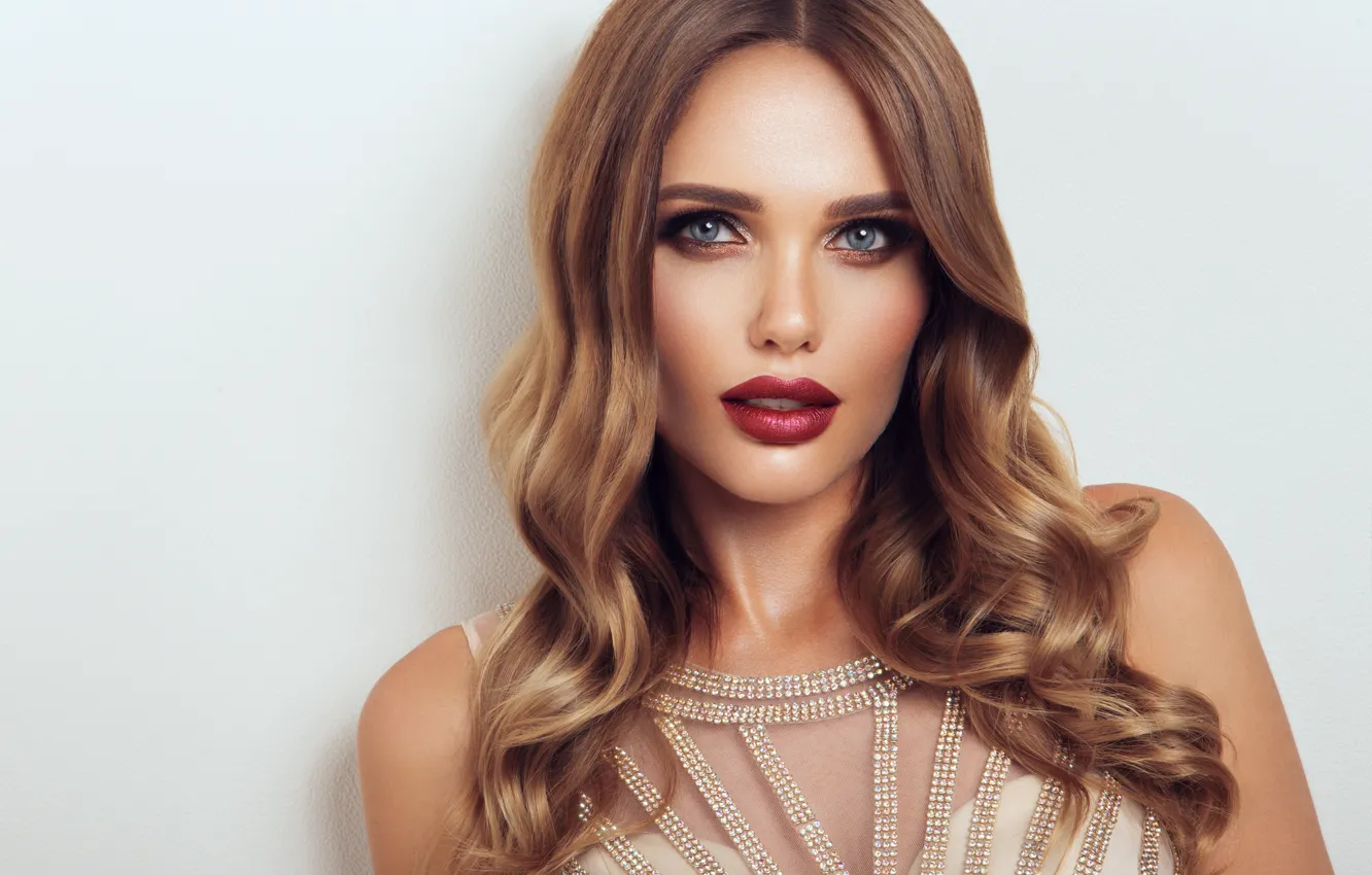 Photo wallpaper look, girl, portrait, makeup, lipstick, hairstyle, curls, Korabkova