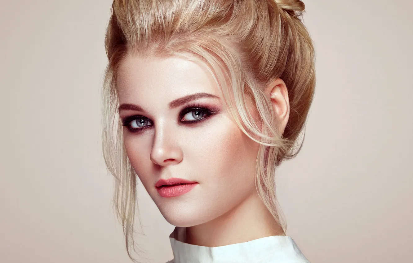 Photo wallpaper look, background, portrait, makeup, hairstyle, blonde, beauty, in white