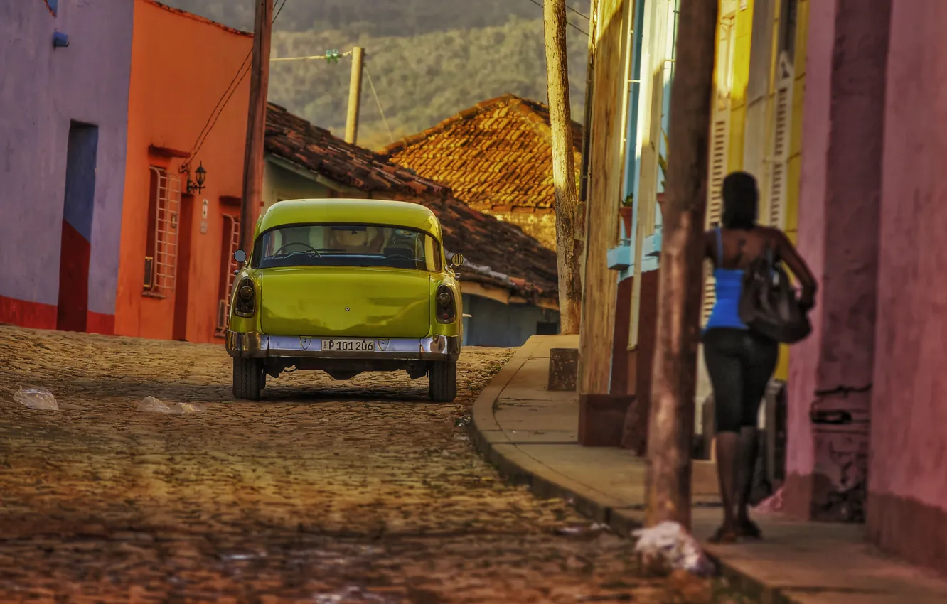 Photo wallpaper summer, girl, street, home, back, car, the sidewalk, Cuba