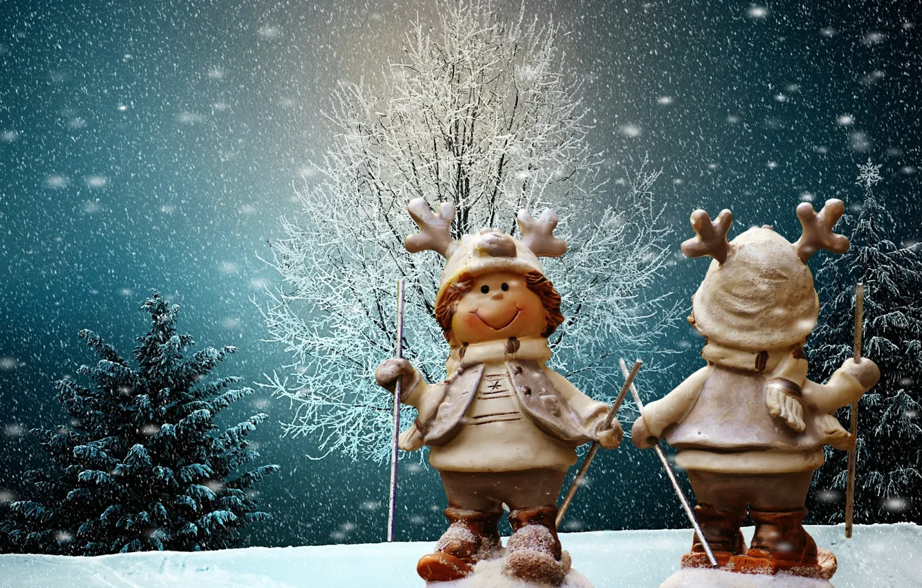 Photo wallpaper winter, snow, trees, new year, Christmas, skier, figures