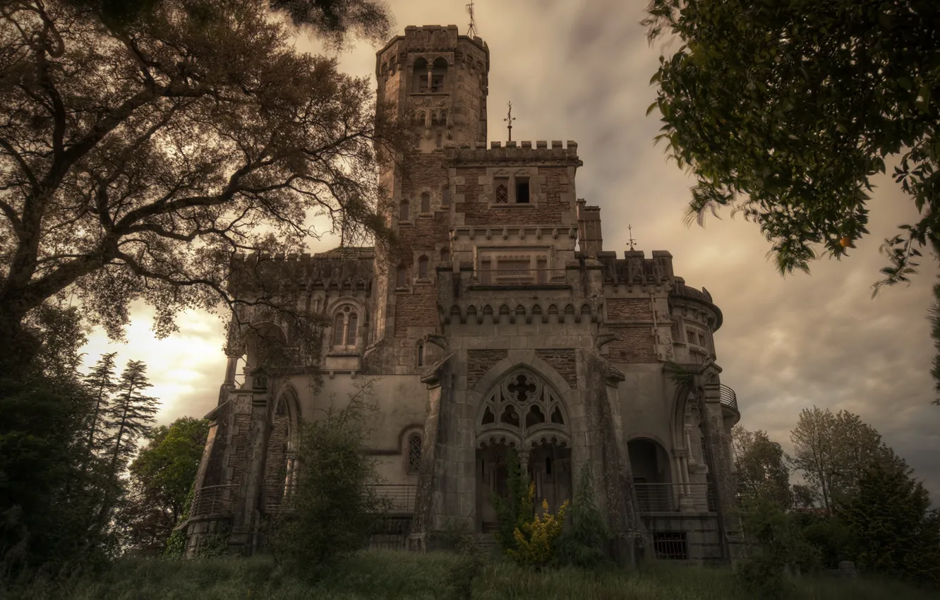 Photo wallpaper the sky, clouds, trees, castle, overcast, architecture, atmospheric, frowning
