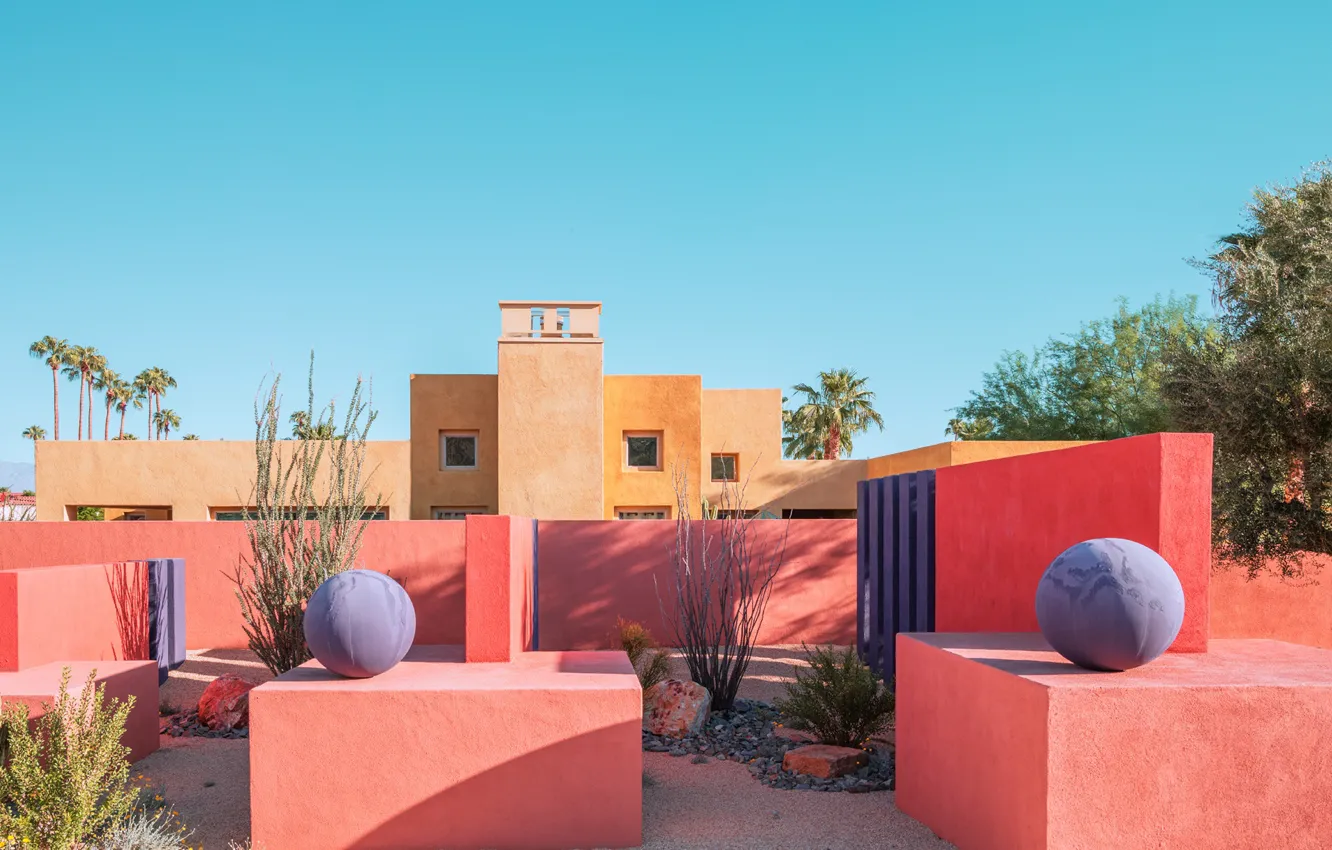 Photo wallpaper trees, wall, balls, architecture, PALM SPRINGS DESERT HOUSES
