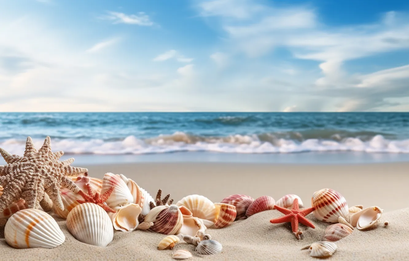 Photo wallpaper sand, sea, beach, summer, the sky, shore, shell, summer